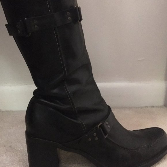 90's Boots Size 7.5 Black Leather Western Biker Apparel Wood Heel Women Indigo - Picture 9 of 9